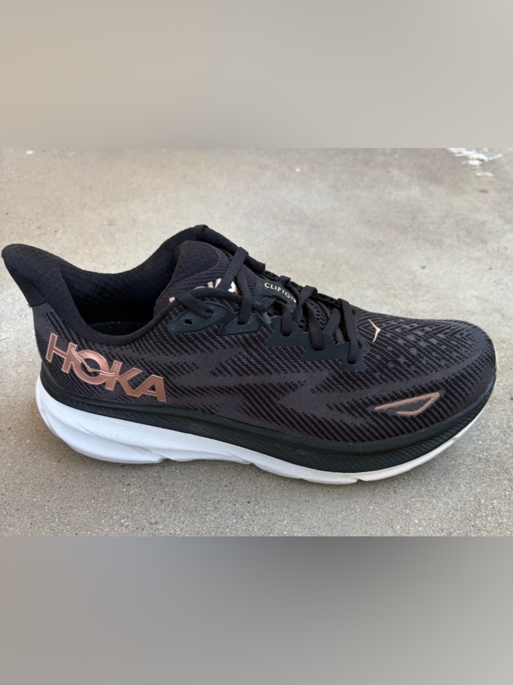 Hoka Clifton 9 Women Size 9.5 Black Rose Gold Running Walking Shoes Sneakers